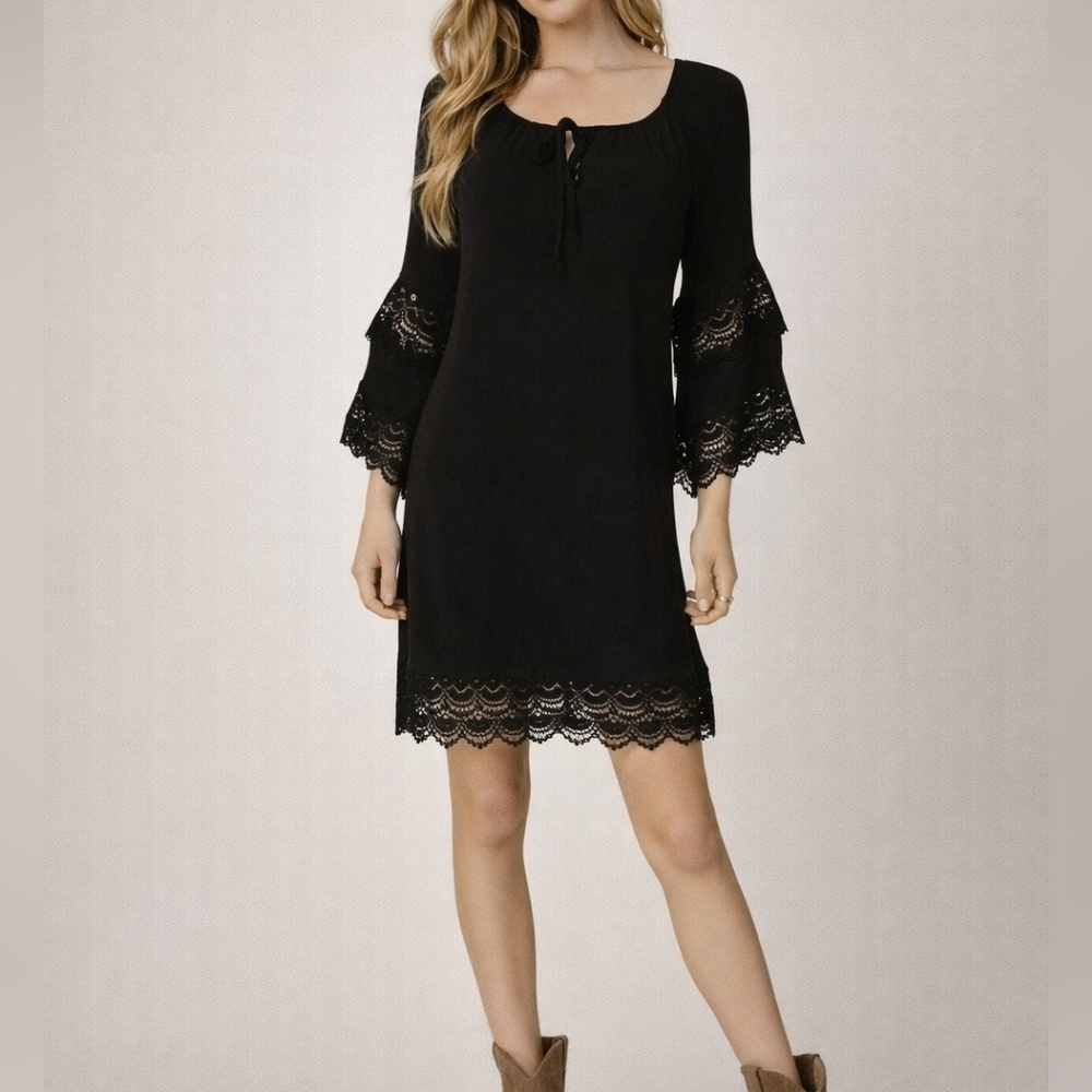 WRANGLER Black Lace Keyhole Tie Flare Sleeve Goth Peasant Dress